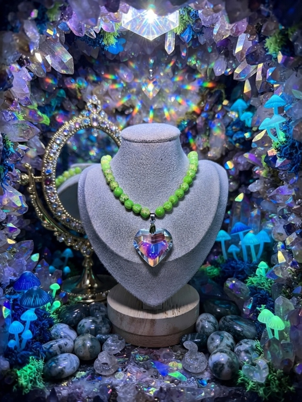 One of a kind Natural Sea Sediment Jasper bead Necklace - Heart Crystal pendant